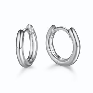 May include: A pair of silver hoop earrings. The earrings are small and have a simple, classic design.