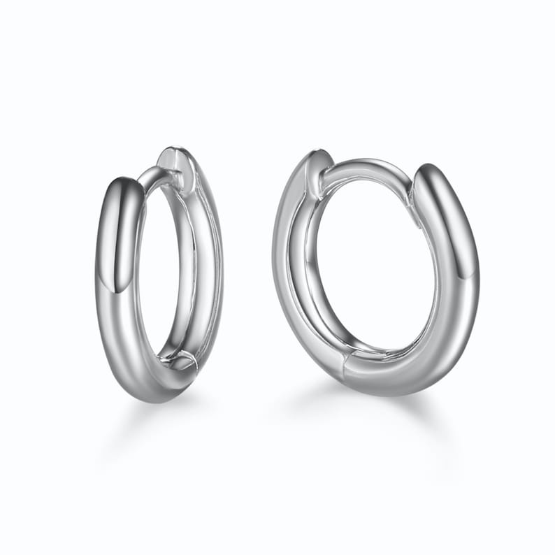 May include: A pair of silver hoop earrings. The earrings are small and have a simple, classic design.