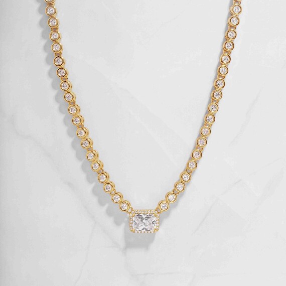 Tennis Necklace, Baguette Necklace, Diamond Necklace, Dainty