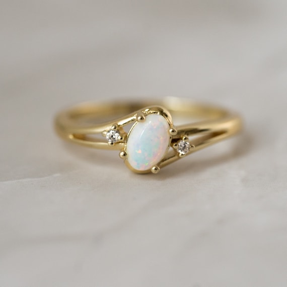 Dainty Opal Ring, Opal Stacking Ring, White Opal and CZ Ring, Gold Opal Ring, Sterling Silver Opal Ring, Delicate Opal Ring, Bridesmaid Gift