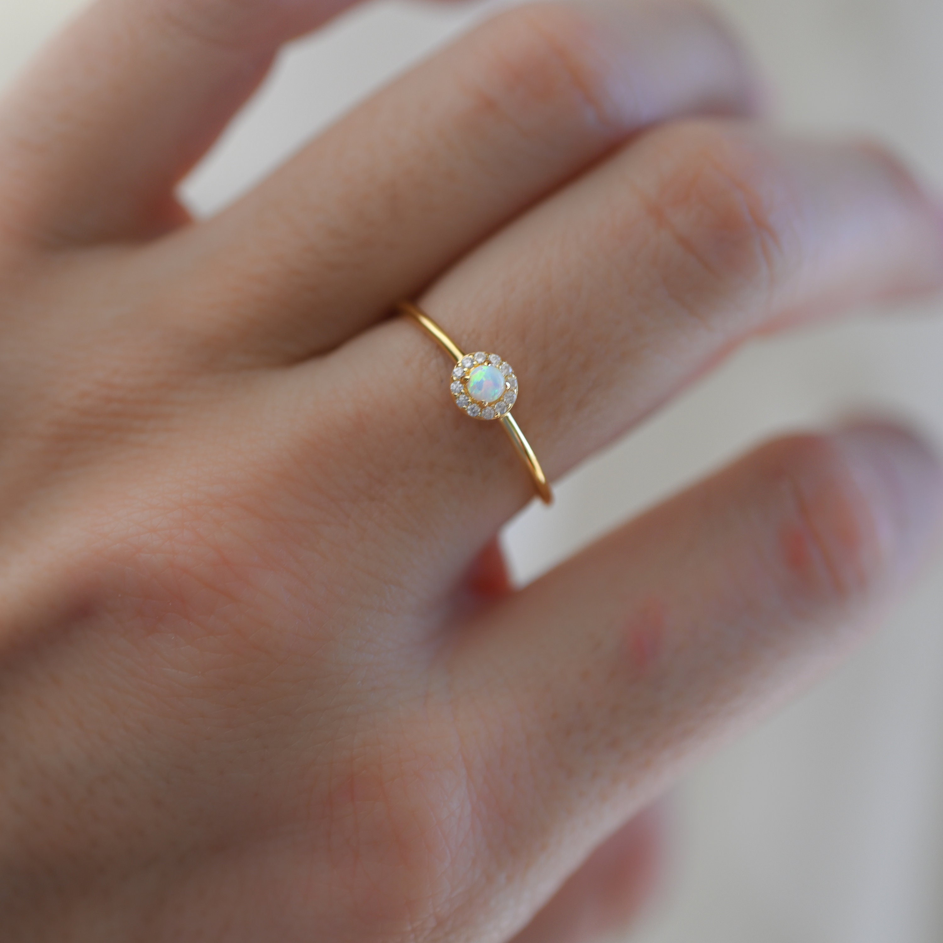 Dainty Opal Ring Opal Stacking Ring White Opal and CZ Ring | Etsy