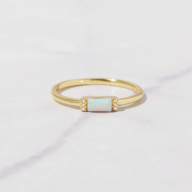 Opal Ring, Baguette Ring, Dainty Opal Ring, Minimalist Ring, Stacking Ring, October Birthstone Ring, Gift for her, image 2