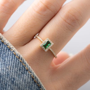 Emerald Ring, Baguette Ring, Baguette Emerald Ring, Diamond Ring, Dainty Stacking Ring, Minimalist Emerald Ring, May Birthstone Ring, Gift image 2