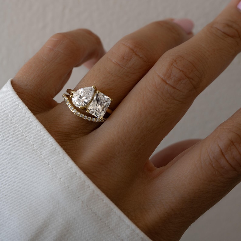 Toi et Moi Ring and Matching Band Set, Promise Ring, Engagement Ring, Two Stone Ring, Wedding Ring, Anniversary Gift, Gift for Her, Ring Set image 3