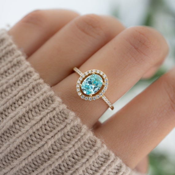 Aquamarine Ring, Halo Ring, Oval Ring, March Birthstone, Solitaire Ring, Aquamarine Jewelry, CZ Ring, Birthstone Ring, Gift for Her