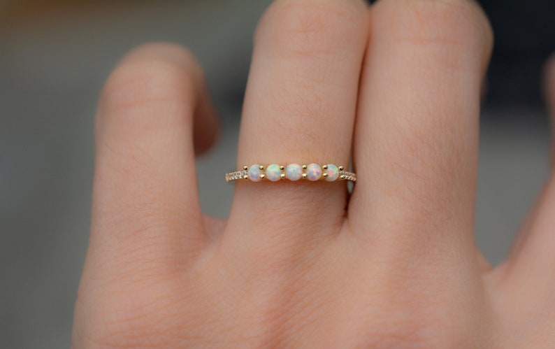 Dainty Opal Ring, Opal Stacking Ring, White Opal and CZ Ring, Gold Opal Ring, Sterling Silver Opal Ring, Delicate Opal Ring, Bridesmaid Gift 