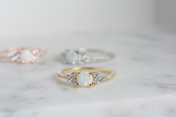 Gold Opal Ring Sterling Silver Opal Ring Dainty Opal Ring Delicate Opal Ring White Opal and CZ Ring Bridesmaid Gift Opal Stacking Ring