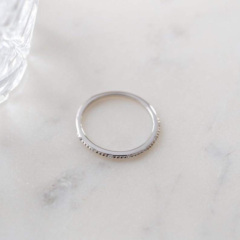Birds-eye view of silver dainty ring