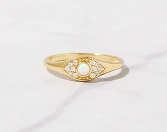 Opal Evil Eye Ring, Gold Minimalist Ring, Evil Eye Ring, Delicate Ring, Gift for her, Protection Ring, Opal Ring, Stacking Ring, Dainty Ring