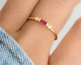 Ruby Dainty Baguette Stacking Ring, Gold Minimalist Ring, Simple Ruby Ring, Sterling Silver Ring, Thin Ring, Delicate Ring, Gift for Her