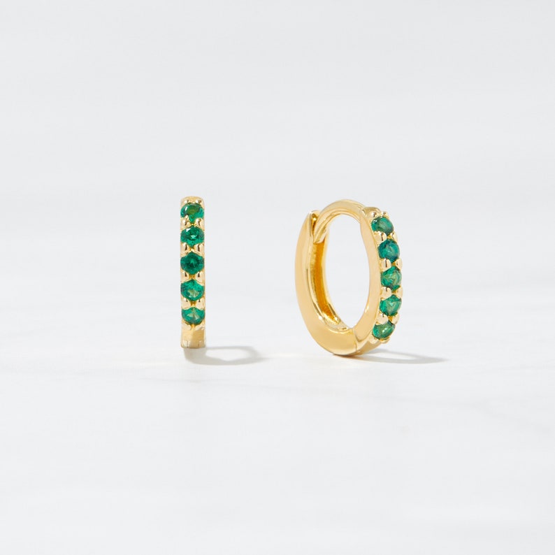 Emerald Earrings, Green Earrings, Hoop Earrings, Dainty Earrings, Tiny Hoop Earrings, Minimalist Earrings, Gold Earrings, Small Hoops, Gift image 1