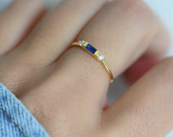 Sapphire Dainty Baguette Stacking Ring, Gold Minimalist Ring, Simple Sapphire Ring, Sterling Silver Ring, Thin Ring, Delicate Ring Gift