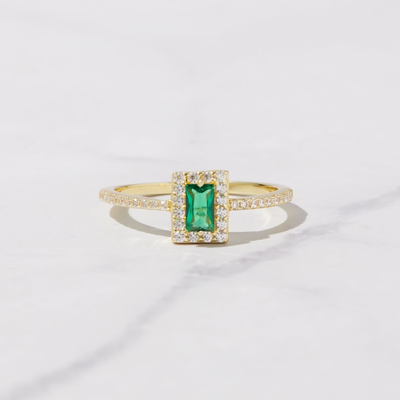 Emerald Ring, Baguette Ring, Baguette Emerald Ring, Diamond Ring, Dainty Stacking Ring, Minimalist Emerald Ring, May Birthstone Ring, Gift image 1