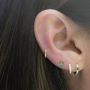 Baguette Emerald Huggies Earrings Gold Tiny Hoops Dainty Hoops Sterling Silver Small Hoop Earrings May Birthstone Gold Huggie Earrings