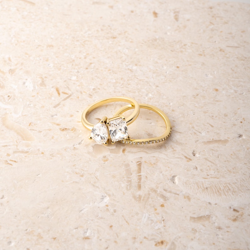 Toi et Moi Ring and Matching Band Set, Promise Ring, Engagement Ring, Two Stone Ring, Wedding Ring, Anniversary Gift, Gift for Her, Ring Set image 4