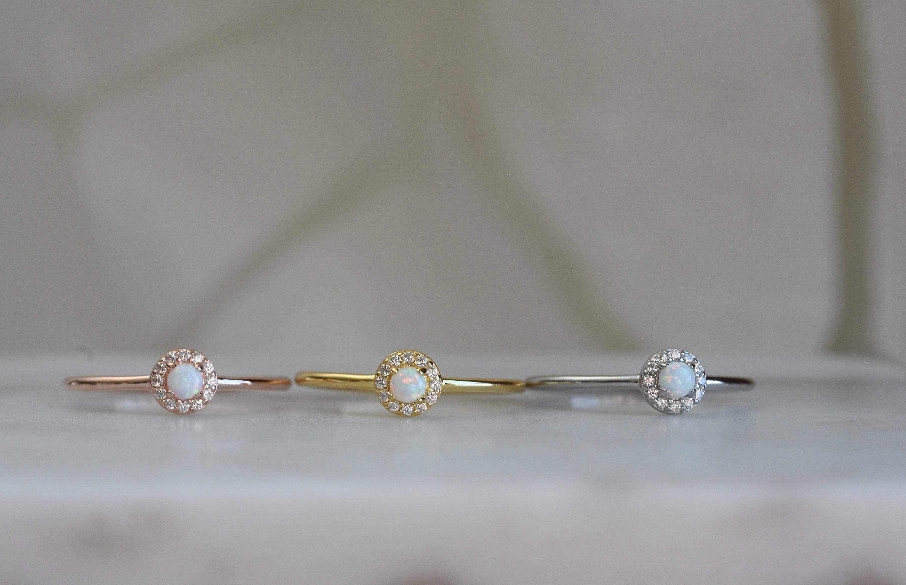 Dainty Opal Ring Opal Stacking Ring White Opal and CZ Ring | Etsy