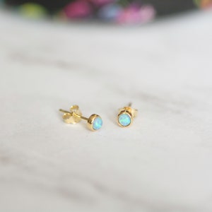 Gold Opal Stud Earrings Small Studs Dainty Studs Minimalist Earrings Opal Studs Blue Opal Earrings Gift for Her October Birthstone image 4