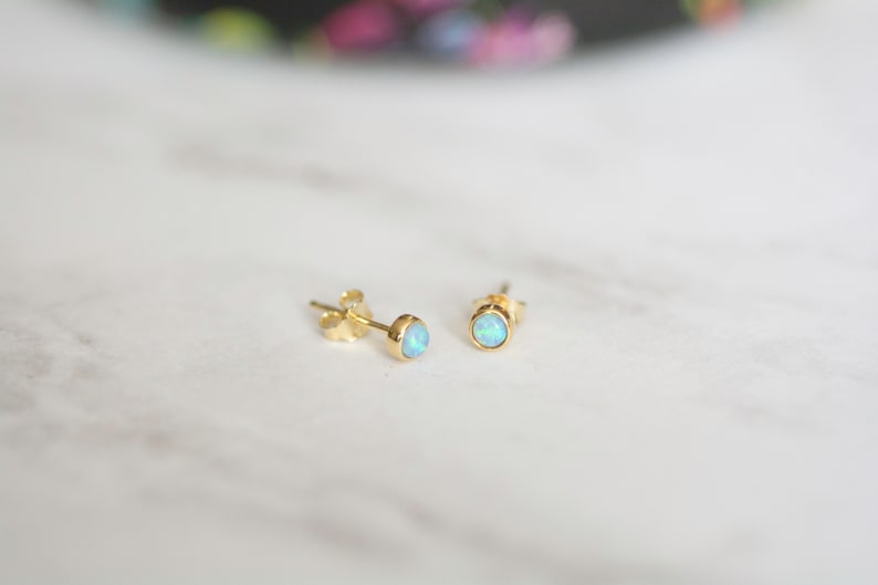 Gold Opal Stud Earrings Small Studs Dainty Studs Minimalist Earrings Opal Studs Blue Opal Earrings Gift for Her October Birthstone image 4