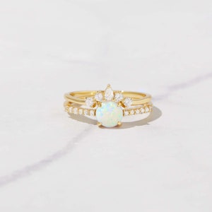 Opal Stacking Ring Set, Dainty Opal Ring, White Opal and CZ Ring, Gold Opal Ring, Sterling Silver Opal Ring, Delicate Opal Ring