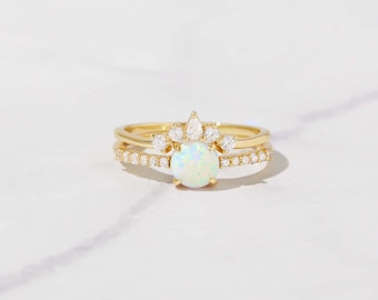 Opal Stacking Ring Set, Dainty Opal Ring, White Opal and CZ Ring, Gold Opal Ring, Sterling Silver Opal Ring, Delicate Opal Ring