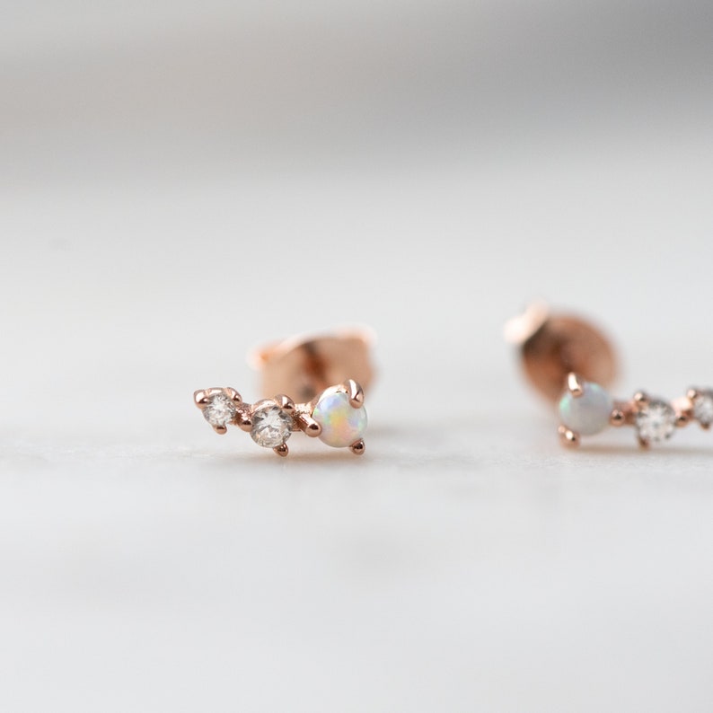 Opal Gold Studs, Opal Stud Earrings, White Opal Studs, Silver Studs, Opal Earrings, Tiny Gold Studs, Gold Stud Earrings, October Birthstone image 6