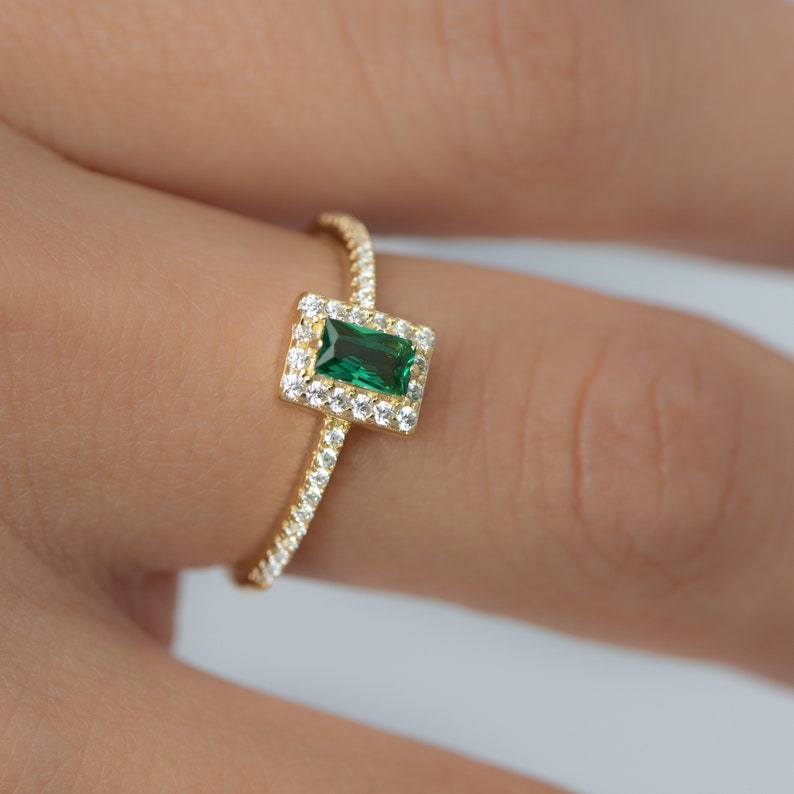 Emerald Ring, Baguette Ring, Baguette Emerald Ring, Diamond Ring, Dainty Stacking Ring, Minimalist Emerald Ring, May Birthstone Ring, Gift image 6