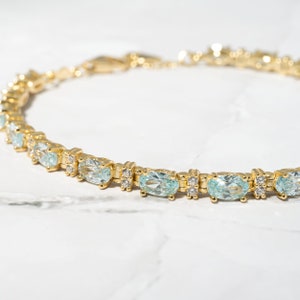 Aquamarine and CZ Bracelet, Tennis Bracelet, March Birthstone, Aquamarine Bracelet, Aquamarine Jewelry, Gold Bracelet, Gift for Her, Dainty