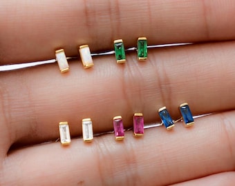 Small Gemstone Baguette Stud Earrings, 925 Sterling Silver Earrings, Tiny Studs, Cartilage Earring, Minimalist Earrings, Small Earrings