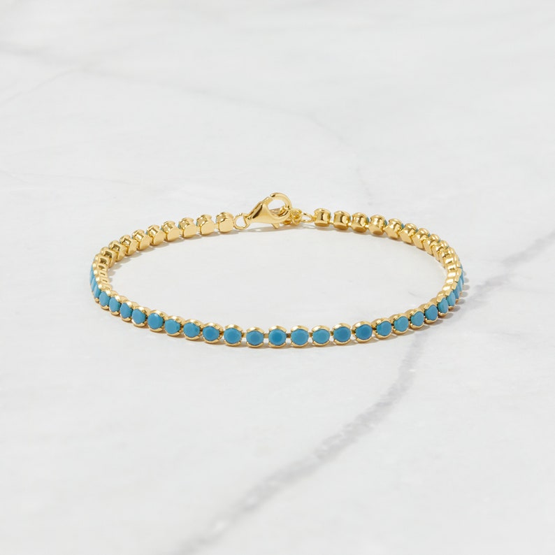 Pulsera turquesa, pulsera de tenis turquesa, pulsera delicada, joyería turquesa, regalo para ella, pulsera minimalista, pulsera de tenis de oro imagen 2