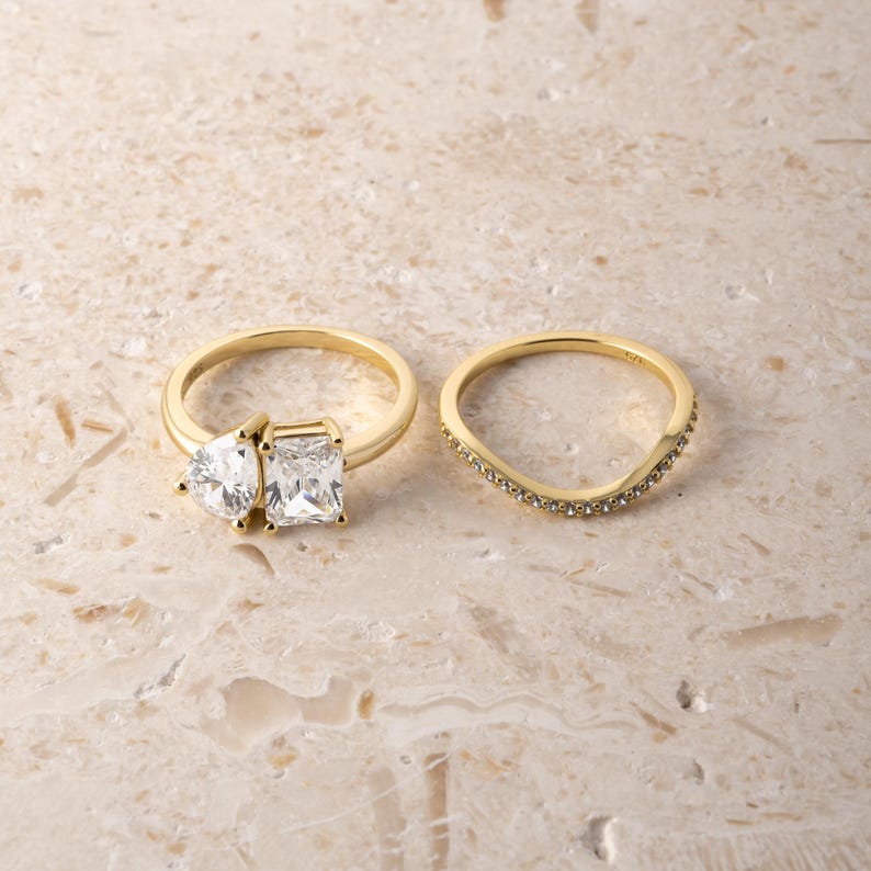 Toi et Moi Ring and Matching Band Set, Promise Ring, Engagement Ring, Two Stone Ring, Wedding Ring, Anniversary Gift, Gift for Her, Ring Set image 9