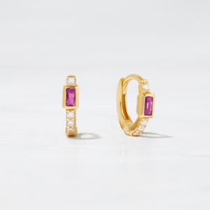 Baguette Ruby Huggies Earrings Gold Tiny Hoops Dainty Hoops Sterling Silver Small Hoop Earrings July Birthstone Gold Huggie Earrings Gift