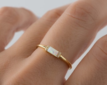 Opal Ring, Baguette Ring, Dainty Opal Ring, Minimalist Ring, Stacking Ring, October Birthstone Ring, Gift for her,