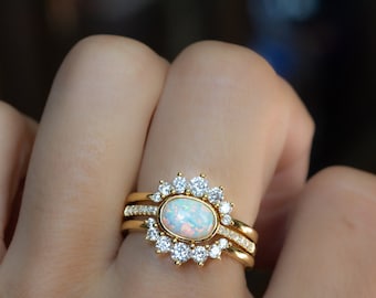 Dainty Opal Ring, Opal Stacking Ring, White Opal and CZ Ring, Gold Opal Ring, Sterling Silver Opal Ring, Delicate Opal Ring, Bridesmaid Gift