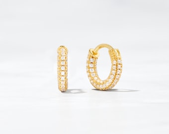 Small Gold Hoop Earrings, Diamond Huggie Earrings, Minimalist Hoops, Pave CZ Earrings, Gold CZ Huggies, Gold Tiny Hoops, Silver Hoops