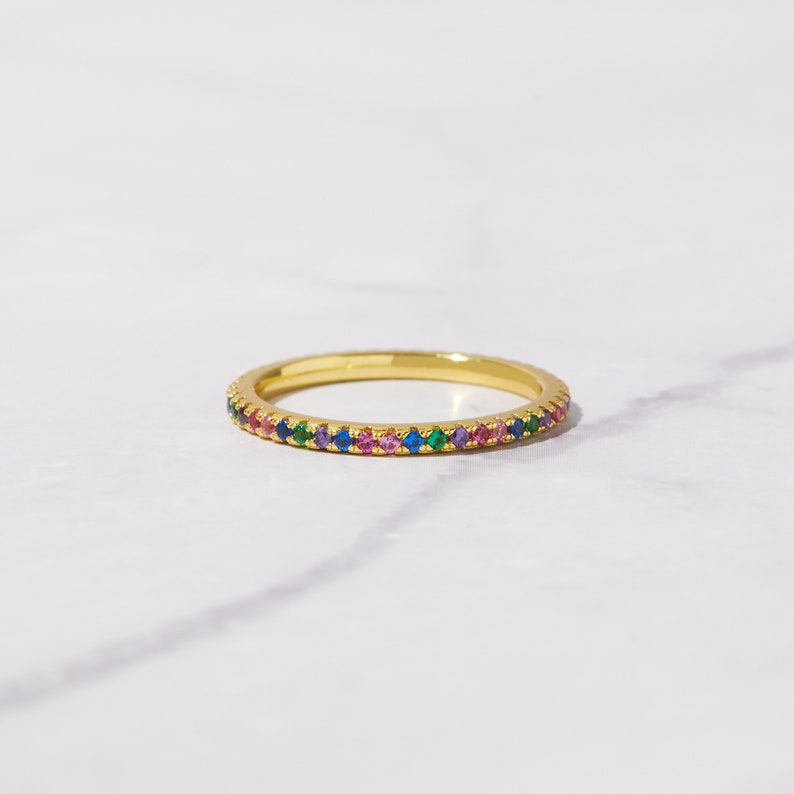 Rainbow Ring Eternity Band, Multicolor Ring, Stackable Rainbow Ring, Rainbow CZ Ring, Rainbow Jewelry, Stackable Rings, Gift for Her image 2