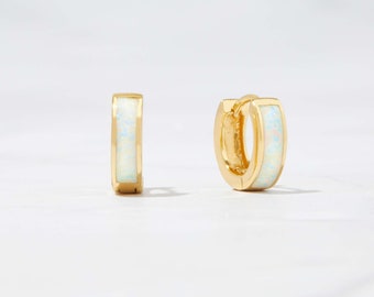 Orecchini A Cerchio Huggie Oro Con Opale - Modello Chunky Smaltato, Gioiello Vintage Per Donne E Ragazze - 4