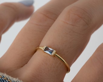 Aquamarine Dainty Baguette Stacking Ring, Gold Minimalist Ring, Simple Aquamarine Ring, Sterling Silver Ring, Thin Ring, Delicate Ring Gift