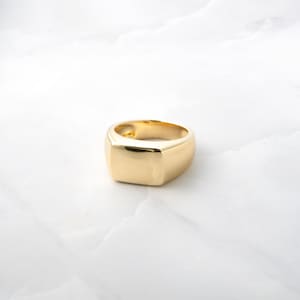May include: A gold signet ring with a smooth, square-shaped top.