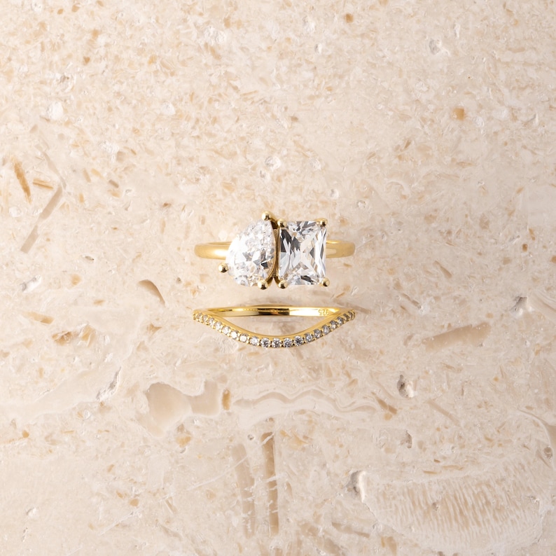 Toi et Moi Ring and Matching Band Set, Promise Ring, Engagement Ring, Two Stone Ring, Wedding Ring, Anniversary Gift, Gift for Her, Ring Set image 6