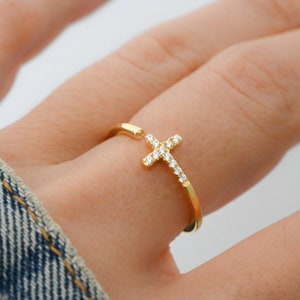 Cross Ring, Sideways Cross Ring, Dainty Cross Ring, Cross Ring with CZ Stones, Gold Çross Ring, Stackable Ring, Dainty Ring, Gift for Her