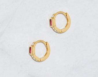 Baguette Ruby Huggies Earrings Gold Tiny Hoops Dainty Hoops Sterling Silver Small Hoop Earrings July Birthstone Gold Huggie Earrings Gift