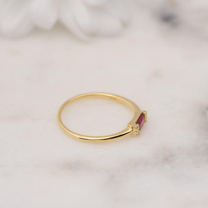 Ruby Dainty Baguette Stacking Ring, Gold Minimalist Ring, Simple Ruby Ring, Sterling Silver Ring, Thin Ring, Delicate Ring Gift for Her image 7
