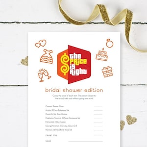 May include: A printable bridal shower game card with the title "The Price is Right: Bridal Shower Edition". The game requires guests to guess the price of various household items, such as a toaster oven, bakeware set, slow cooker, cookware set, and more.