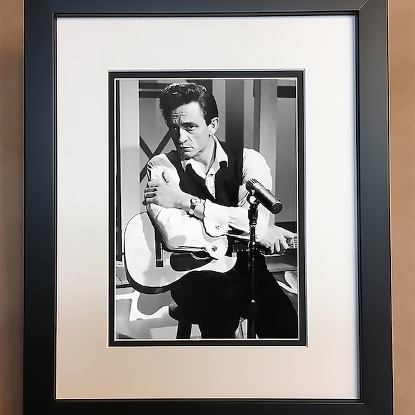 Johnny Cash w/ Guitar Black and White Photo Professionally Framed, Matted 8x10.