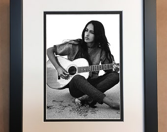 Joan Baez Black and White Photo Professionally Framed, Matted 8x10.