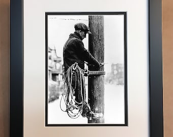 Vintage Electrical Lineman B&W Photo Professionally Framed, Matted 8x10.