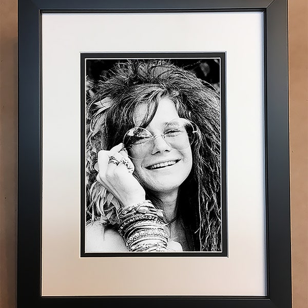 Janis Joplin Black and White Photo Professionally Framed, Matted 8x10.