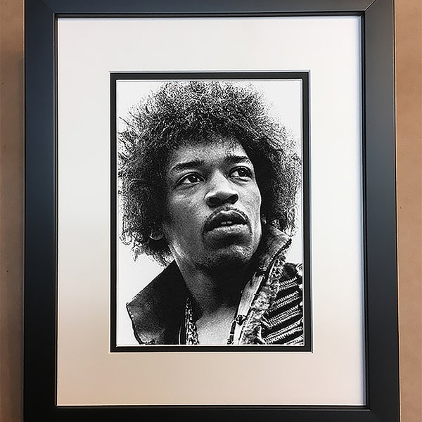 Jimi Hindrix Black and White Photo Professionally Framed, Matted 8x10.