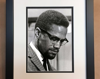 Malcolm X Black and White Photo Professionally Framed, Matted 8x10.