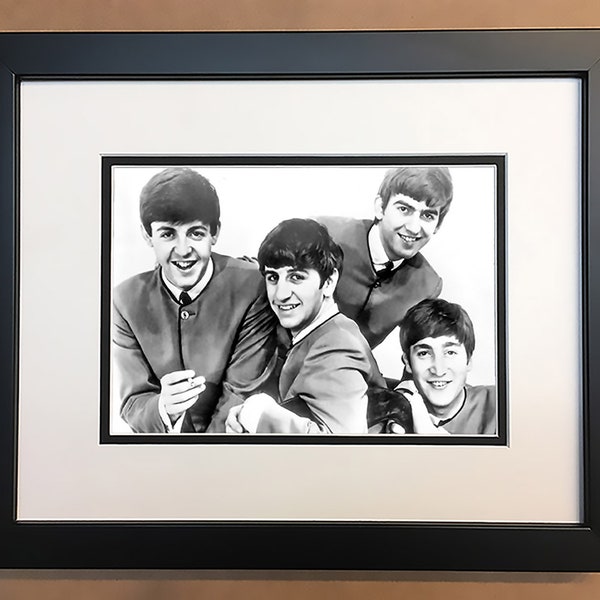 Beatles Black and White Photo Professionally Framed, Matted 10x8.
